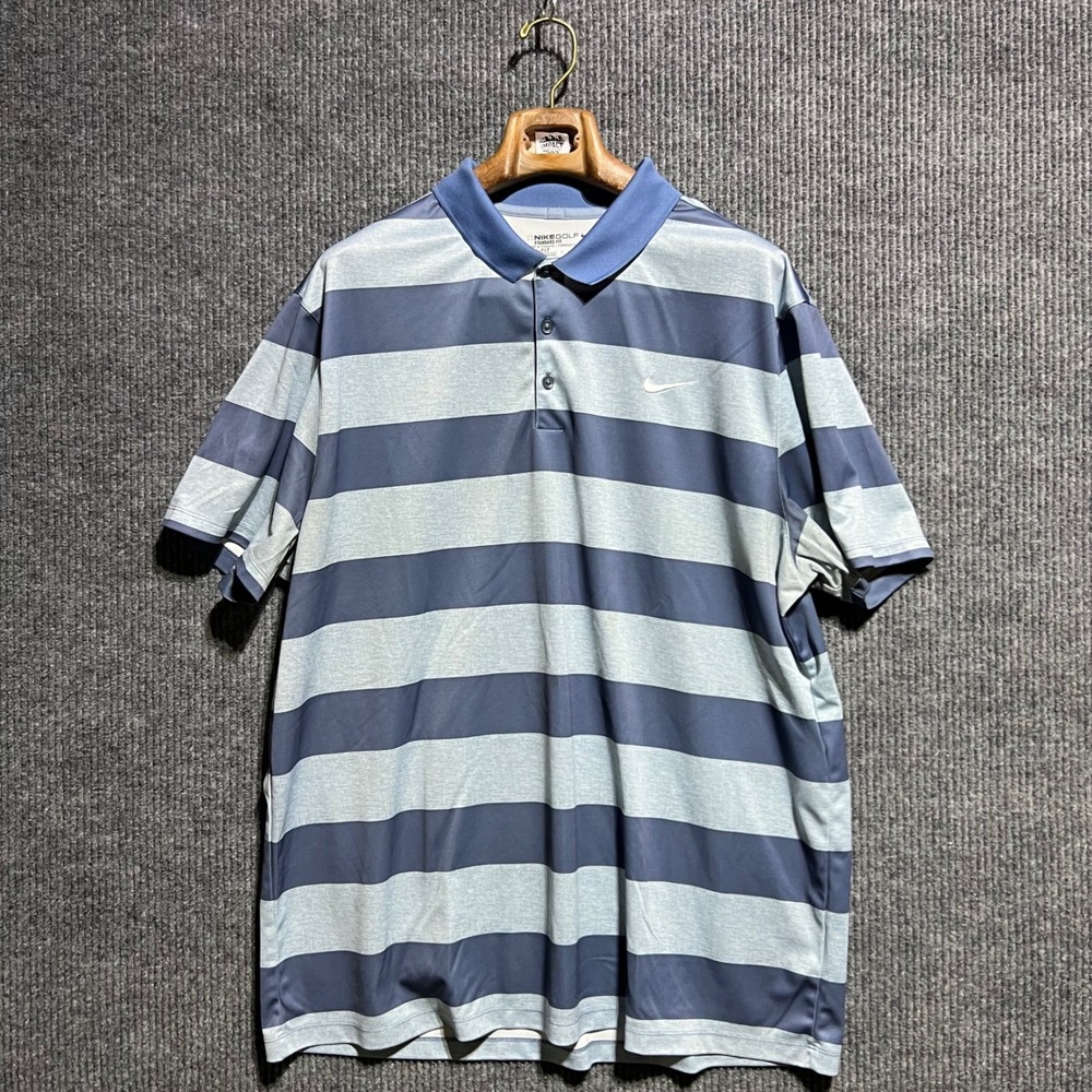 Nike Golf Polo Shirt Men XXL Blue Striped Dri-FIT Short Sleeve Lightweight